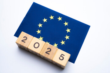 2025, European Union, European Union flag with date block, Concept, Important events for European...