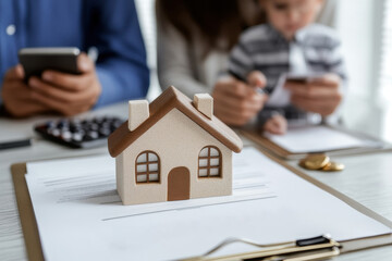 Business professionals finalize real estate agreement in modern office setting during daytime with house model on table