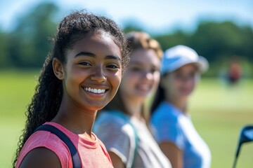 Empowered group of multiracial young women smiling together on a golf course during a sunny day, showcasing unity and strength in sports and friendship