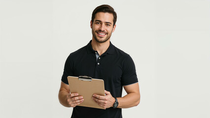 Male Personal Trainer Holding Clipboard Smiling – Professional Fitness Photo on White Background