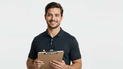 Male Personal Trainer Holding Clipboard Smiling – Professional Fitness Photo on White Background