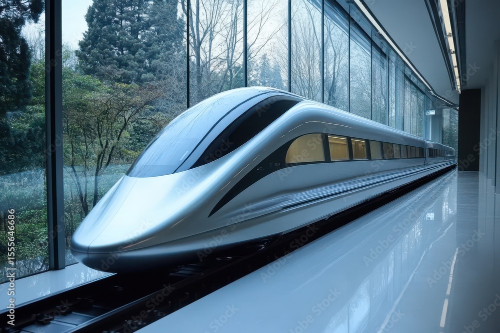 Poster highspeed train in motion at full speed on a modern railway track through a scenic landscape during 