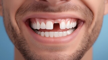 Close-up portrait highlighting dental gap between front teeth on smiling man with healthy gums, showing need for dental care.