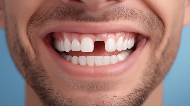 Close-up portrait highlighting dental gap between front teeth on smiling man with healthy gums, showing need for dental care. - Powered by Adobe