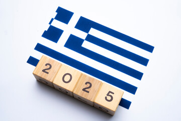 2025, Greece, Greece flag with date block, Concept, Important events for Greece the new year,...