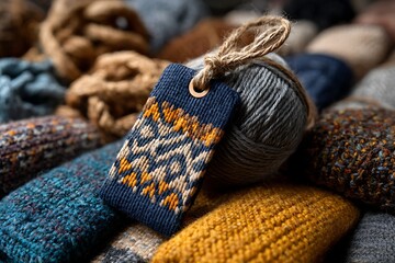 A handcrafted woven fabric tag with a geometric pattern, surrounded by colorful fabric swatches