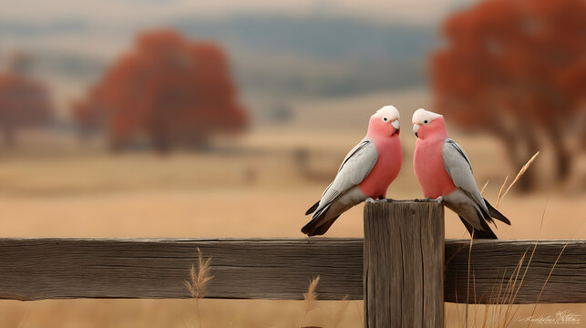 Pair of Galahs Perched on Fence Post in Rural Countryside Representing Australian Birdlife and Nature