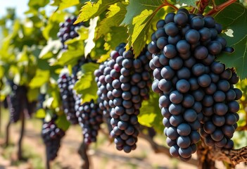 Deep indigo wine grapes clustered on vine, sunlit,  fall,  bunch