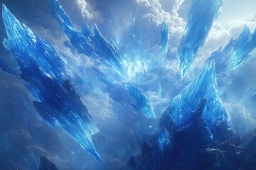 Stunning blue ice shards floating dynamically through an enchanting sky filled with clouds and shimmering light at an unknown location