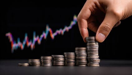 Hand placing coins on a stack of coins, with a graph of fluctuating values in the background