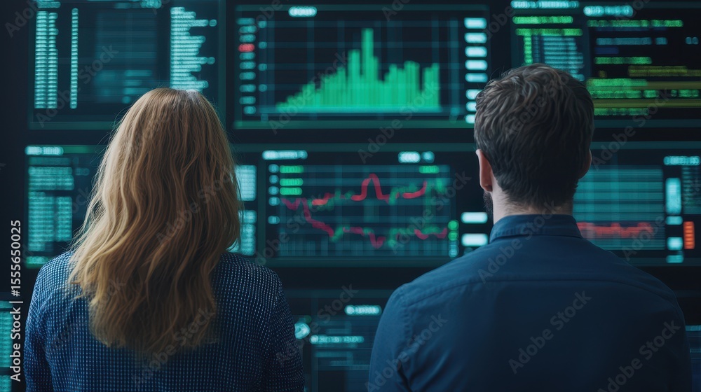 Poster two professionals analyze multiple data charts and financial graphs on large digital screens in a mo