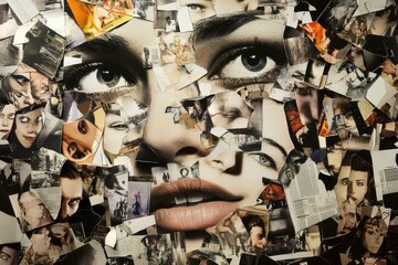 Chaotic collage featuring diverse magazine clippings of eyes, lips, and abstract expressions from various artistic styles captured in a creative arrangement