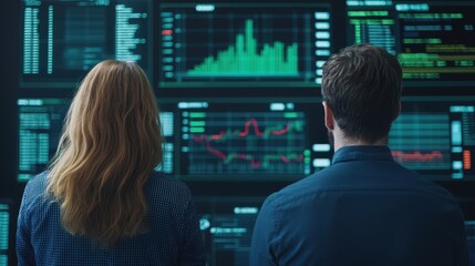 Two professionals analyze multiple data charts and financial graphs on large digital screens in a modern office setting.