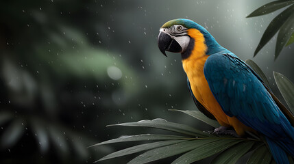 Blue and Gold Macaw Vibrantly Perched in Lush Rainforest Representing Exotic Tropical Wildlife and Nature