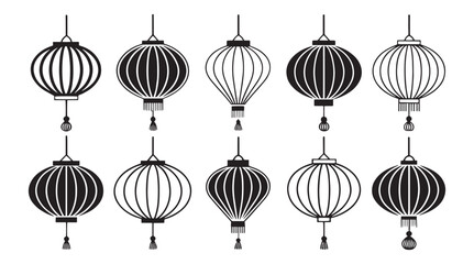 Collection of traditional asian lanterns in a simple black and white silhouette style