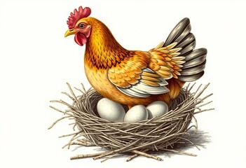 Engraved style illustration of hen brooding eggs in nest,  farm animals,  mother