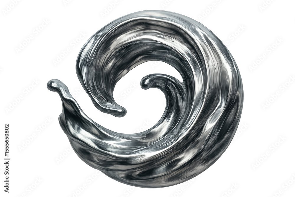 Poster silver metallic liquid spiraling into circular shape, floating on transparent backdrop with clean, m