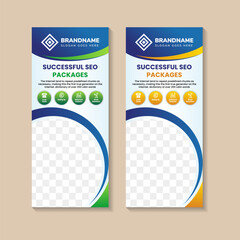 Digital Marketing Banner Stand Signage Template Design. Example of headline is Successful SEO packages. collection of Roll up banner design with infographic and space for photo or image. 
