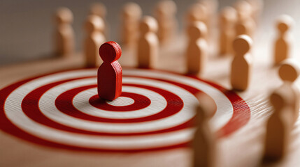 Red figure stands at the target's center with wooden figures around, symbolizing leadership and a focus on goals.