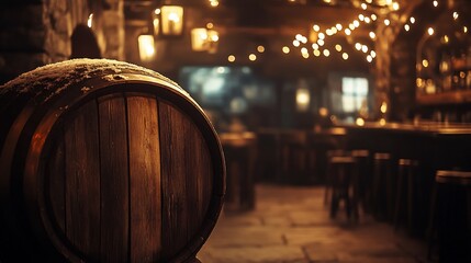 Rustic charm: Wine barrel in a dimly lit tavern with cozy ambiance