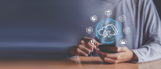 cloud computing shown in hand cloud technology data storage, data transfer, network