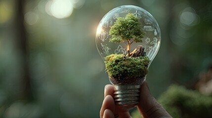 Sustainable energy concept: Tree growing inside a lightbulb embodying clean technology