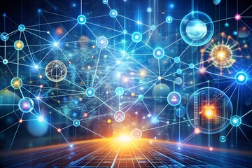 Obraz premium A vibrant network of interconnected nodes glows brightly against a dark background, showcasing digital connections and global communication