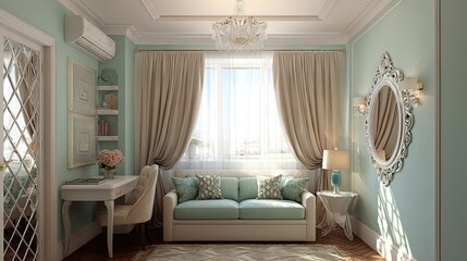 Elegant interior design with soft color palette and natural light streaming in