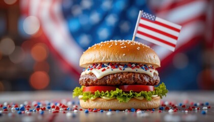 Celebrating Independence Day with a delicious burger and American flag in soft