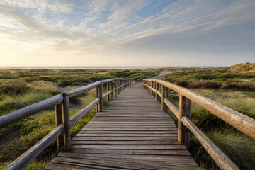 Fototapeta premium A wooden boardwalk leads into a serene coastal landscape at sunrise