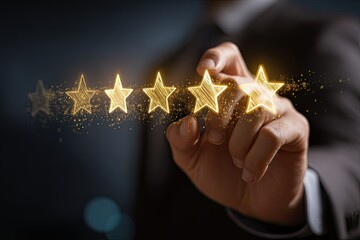 Hand pointing at five golden stars indicating positive customer feedback experience
