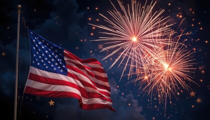 Patriotic fireworks illuminate the American flag against a starry night backdrop