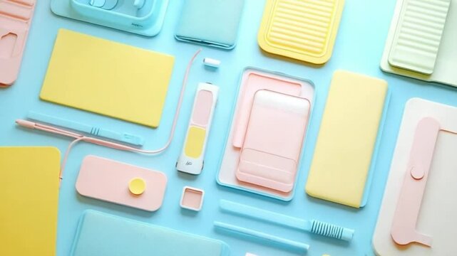 Colorful Electronic Accessories and Gadgets Arranged in Flat Lay Style