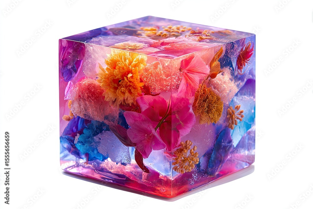 Poster resin cube filled with colorful flowers preserved inside of it on white background