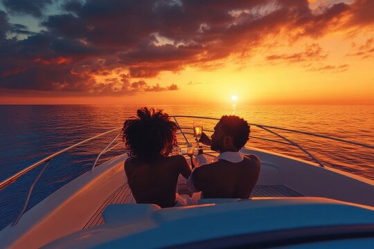 Couple relaxing on a sunset cruise over calm waters while enjoying each other's company and the view