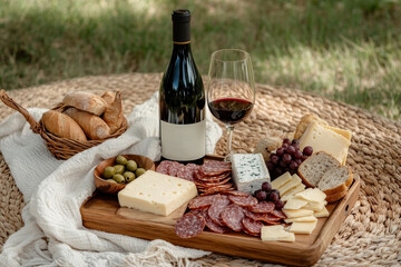 Naklejka premium Picnic setting with wine, glass, cheese, bread, and charcuterie in a peaceful outdoor location during late afternoon