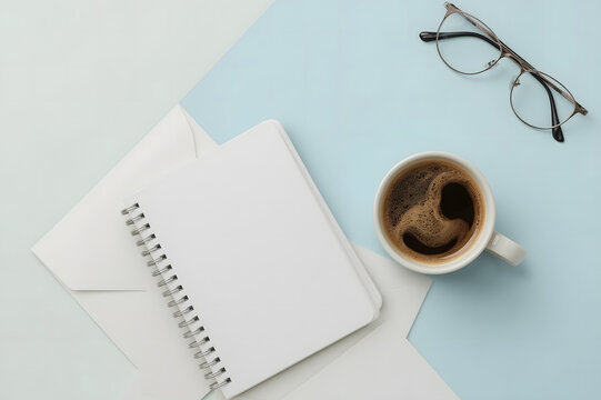 Notebook with Coffee Cup and Glasses on Minimal Blue Workspace &ndash; Creative Planning Desk