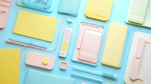 Colorful Modern Tech Gadgets and Accessories Flat Lay Bright Pastel Tones