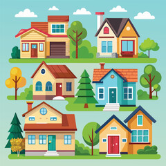 Isolated cartoon houses set. Simple suburban houses. Concept of real estate, property and ownership. 
