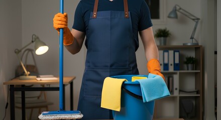 A cleaner wearing gloves and apron stands with a mop and a bucket filled with cleaning cloths.