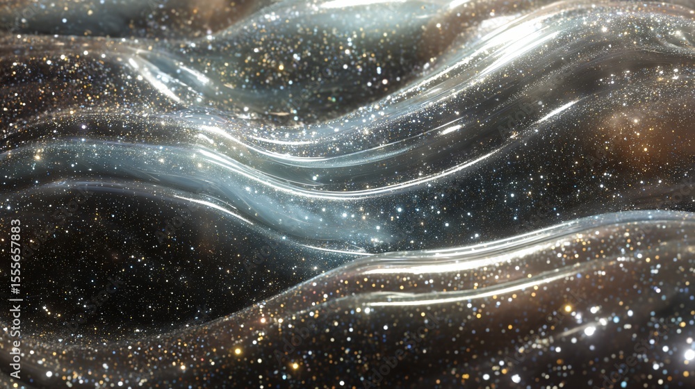 Poster abstract cosmic sine wave with reflective surface and scattered star-like particles creating depth.