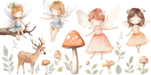 Watercolor Illustration of Woodland Fairies with Deer and Mushrooms on White