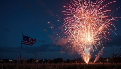Celebrating freedom fireworks illuminate the dark sky near the American flag
