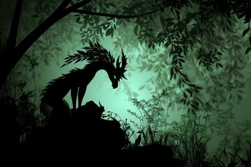 Mysterious silhouette of a mythical creature lurking in a dark, enchanted forest during the twilight hours, surrounded by shadows and foliage that evoke curiosity and wonder