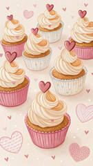 Watercolor cupcakes with heart toppers and frosting swirls