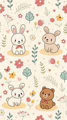 Obraz premium Cartoon Bunnies Bears Flowers Leaves Hearts Butterfly Pattern Background