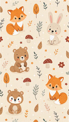 Fototapeta premium Cartoon Forest Animals Pattern Fox Bear Rabbit Mushroom Leaves