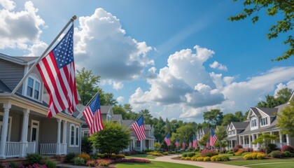 American Pride Flags waving in a patriotic neighborhood under a sunny blue sky