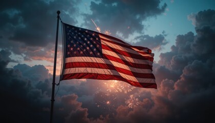 A patriotic US flag waves proudly amidst fireworks on a cloudy twilight sky