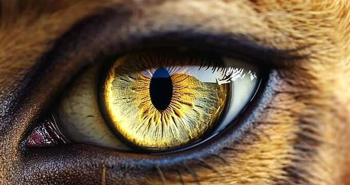 Close-up of a lion's eye showcasing vibrant colors and intricate details, with a blurred savanna background